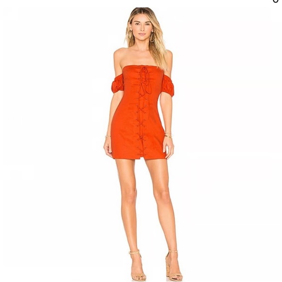 Ale by Alessandra x Revolve Red Orange Rosario Off the Shoulder Linen Dress M - Picture 2 of 15